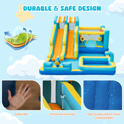 SportBob Hüpfburg mit Wasserrutsche, 10 in 1 Aufblasbare Hüpfburg XXL mit Gebläse, Kletterwand, Springen, Wasserpistole, Splash Pool Basketballkorb für Kinder Outdoor Indoor, 465x380x230 cm
