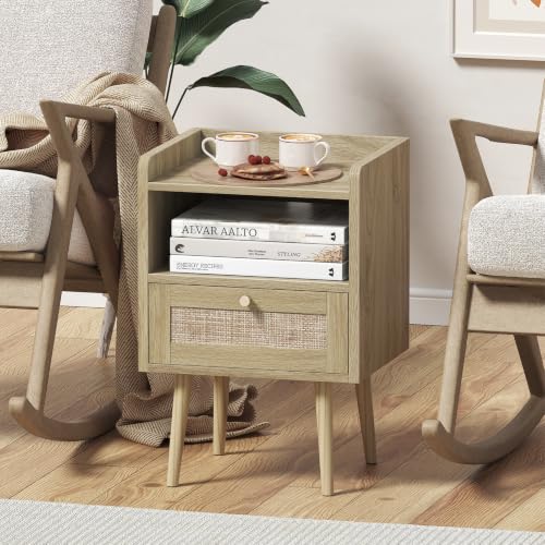 Image of MECHYIN Night Stand with Charging Station & Rattan Decor Drawer, Boho Bedside End Table with Solid Wood Feet, Bed Side Table with Open Storage for Farmhouse Bedroom Living Room Dorm - Natural
