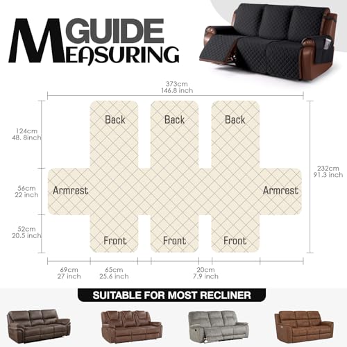 Image of KinCam Recliner Sofa Covers for 3 Seat, 100% Waterproof Reclining Couch Covers, Non-Slip Recliner Couch Cover Furniture Protector with Elastic Straps for Pets, Kids, Black