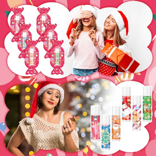 Image of 24 Pcs Candy Themed Lip Balms Christmas Lip Balms Bulk Lip Gloss Honey Flavored 6 Styles Holiday Party Treat Goodie Bags Cute Stocking Stuffers Christmas Gifts for Kids Girls Women