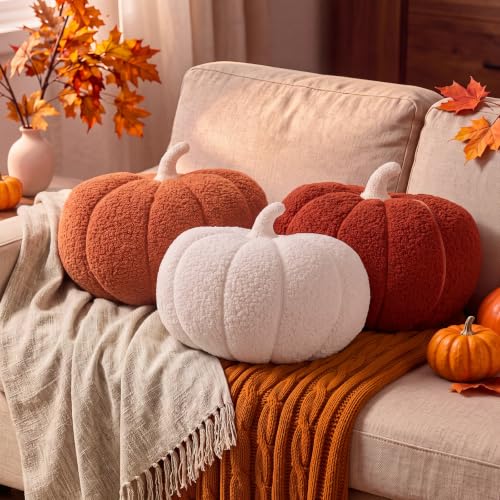 Image of Konohan 3 Pcs Pumpkin Pillows Fall Stuffed Pumpkin Plush Pillow for Autumn Halloween Thanksgiving Christmas Bedroom Sofa Couch Supplies