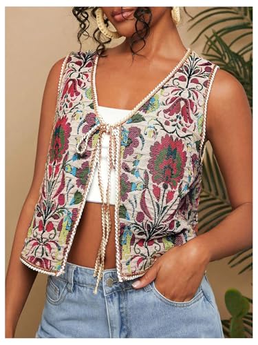 Verdusa Women's Boho Floral Vest Tie Front V Neck Sleeveless Festival Western Outwear Jacket4