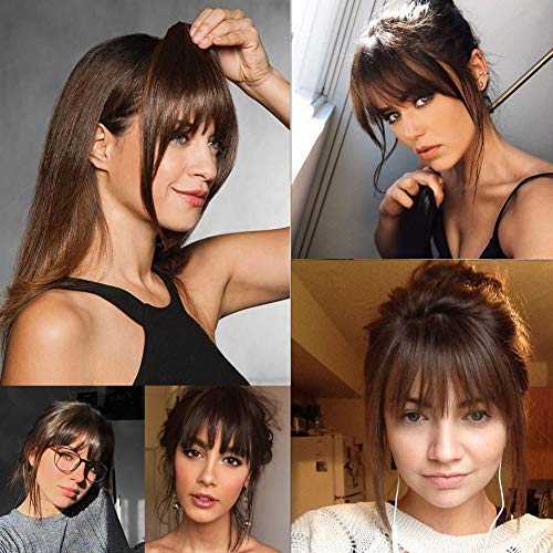 Miniatura 5 de GongXiu - Extensiones de cabello humano real con clip, color negro natural, flequillo liso y plano con sienes para mujer (marrón rojizo oscuro,