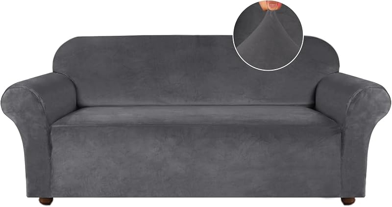 Turquoize Velvet Couch Covers Sofa Covers for 3 Cushion Couch Stretch Sofa Slipcovers with Non Slip Elastic Bottom Furniture Protector for Pets Crafted from Soft Thick Velvet Fabric (Sofa, Gray)