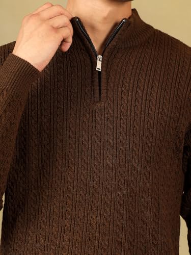 Image of Kvetoo Men's Full Sleeve High Neck Zipper Sweater| Warm Cable Knit Quarter Zip Pullover | Wool Winter Sweater for Casual & Office Wear