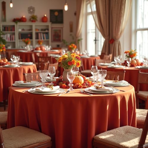 Image of sancua Thanksgiving Round Tablecloth 90 Inch Diameter, 8 Pack Burnt Orange Circle Polyester Fabric Fall Table Cloth for Holiday Party Reception, Washable Table Cover (Fit 30-72 Inch Tables, Rust)