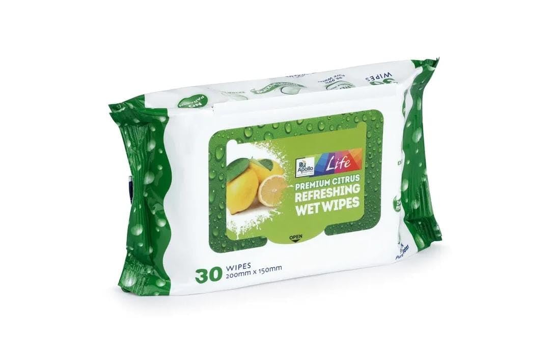 Premium Citrus Refreshing Wet Wipes with Aloe Vera, Chamomile Extract and Vitamin E, 30 Wipes, 200mm x 150mm