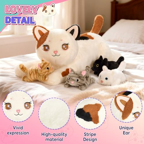 Image of Onsoyours Original 5PC Cat Stuffed Animals with Babies Inside, Kawaii Kiity Plush with Mommy & 4 Kittens - Cute Plushies Toys for Girls Kids (White)