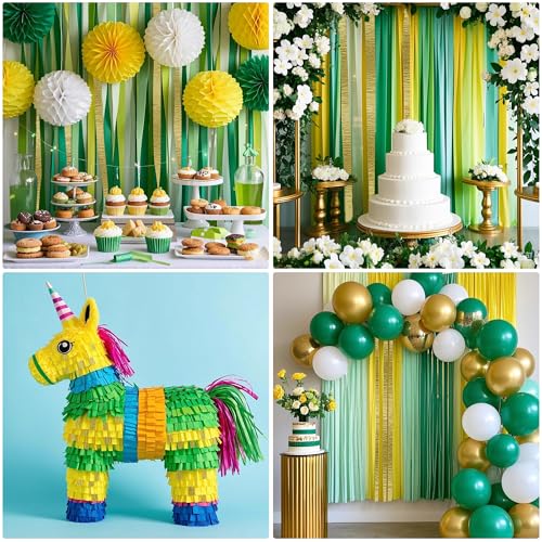 Image of Green and Gold Crepe Paper Streamers, 2.2 inch x 123 Ft Per Roll Wedding Streamers for Birthday Baby Shower Bachelorette Bridal Shower Engagement Happy Anniversary Decorations Party Supplies