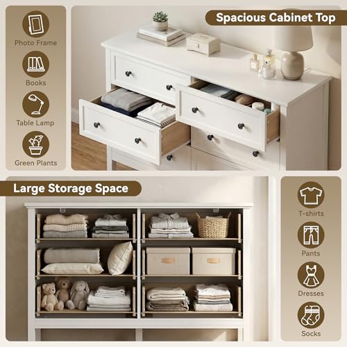 Image of LYNSOM White Dresser for Bedroom, 6 Drawer Dresser with Wide Drawer and Metal Handles, Wood Dressers & Chests of Drawers for Hallway, Entryway