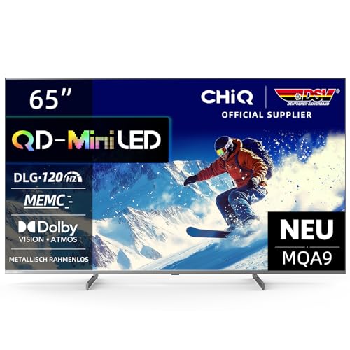 CHIQ M65QA9 65 Zoll 4K UHD QD-Mini LED Smart TV, DLG 120Hz, MEMC, HDR10, Dolby Vision& Atmos, 4X HDMI 2.1, Wide Color Gamut, rahmenloses Metallgehäuse, Google Assistant, Chromecast, Prime Video