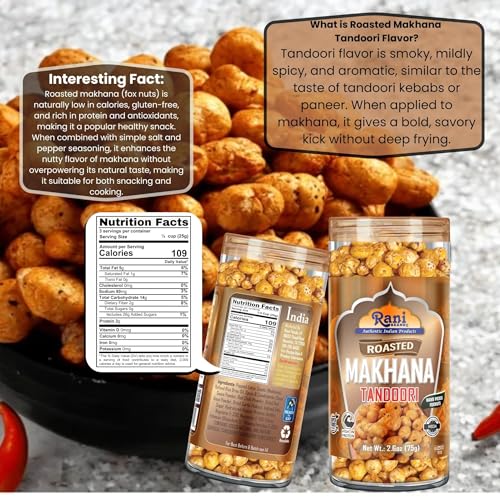 Image of Rani Roasted Makhana (Fox Nut /Popped Lotus Seed) Tandoori Flavor 2.6oz (75g) Ready to eat, Hand Picked Foxnuts ~ High in Protein | Vegan | Gluten Friendly | NON-GMO | Kosher | Indian Origin