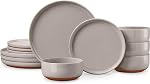 E-far 12-Piece Ensembles de diners, assiettes et bols en grès 4, Ensemble de vaisselle en céramique avec base en terre cuite, chip & Résistant aux rayures, micro-ondes & Lave-vaisselle Coffre-fort, Vert moucheté
