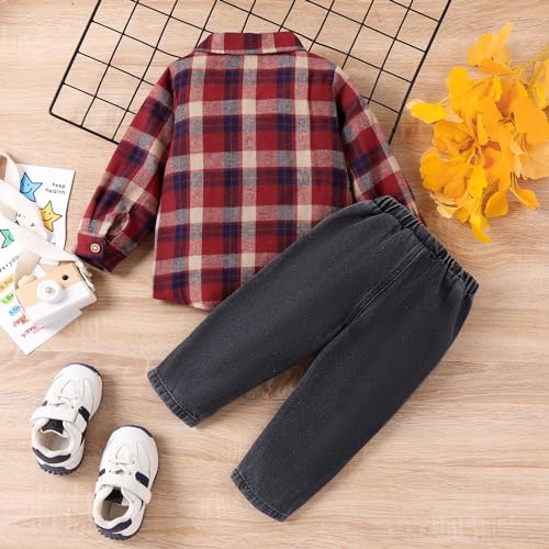 Toddler Baby Boy Clothes Winter Outfits Button Down Plaid Shirt + Pocket Jean Pants Set 12 Months - 5 Years Old3