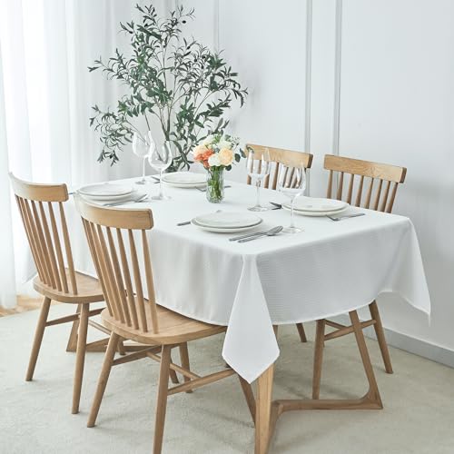 Image of maxmill Tablecloth Weaved Texture Stain Resistant Waterproof, Wrinkle Resistant Washable Table Cloth, Fabric Table Cover for Dining Room, Indoor Outdoor Use, Rectangle 60 x 120 Inch, White