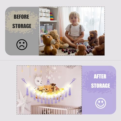Image of CERETIA Stuffed Animal Hammock with LED Light, Large Stuffed Animals Storage Corner Plushie Net for Kids Room Decor, Jumbo Purple
