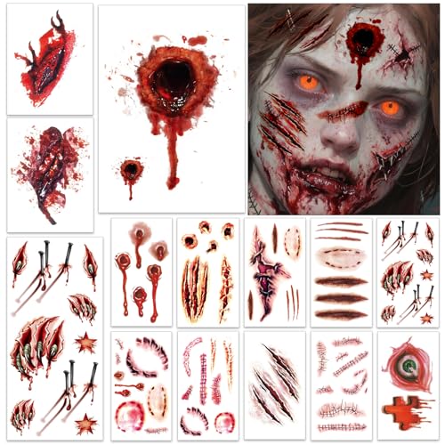 14 Blatt Gruselig Fake Narben Tattoos Damen Herren, Zombie Kostüm Kinder Damen, Zombie Make Up Halloween Tattoo Gesicht Schminke, Temporäre Tattoos Aufkleber Wunden Kratzer Kostüm Zubehör