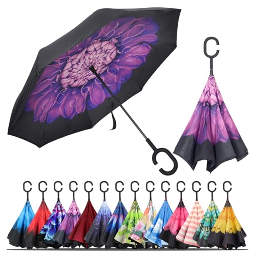 LLanxiry Paraguas invertido invertido boca abajo con mango en forma de C, impermeable anti-UV, paraguas de lluvia para mujeres y hombres (flor morada)