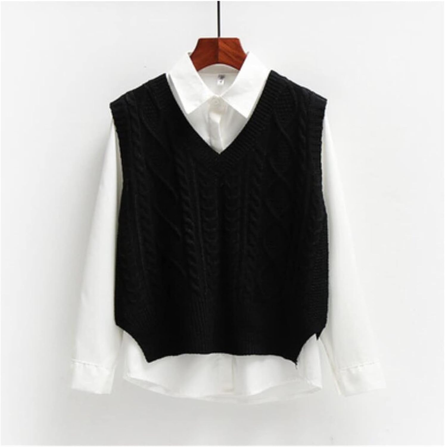 秋の女性の短いルーズニットセーターノースリーブの女性のソリッドカラーベストのVネックプルオーバージャケット (Color : Blu