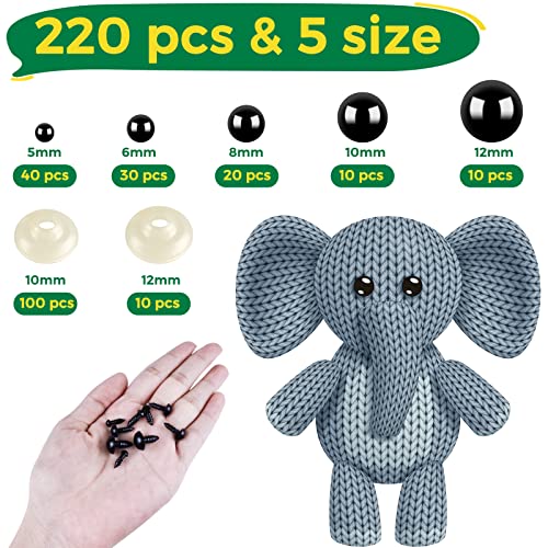 Hengxinc 220PCS Safety Eyes for Crochet Toys Black Crochet Eyes 5-12mm Teddy Bear Eyes Plastic Eyes for Crochet Toys with Washers for Crocheted Animals Doll Puppet Plush Toy