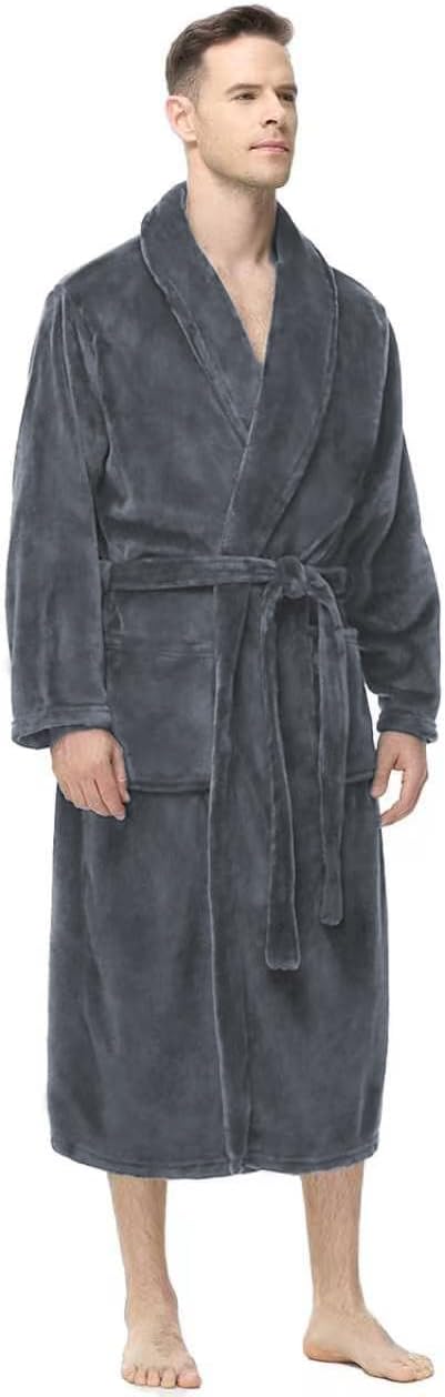 Mens Fleece Robe, Soft Plush Robe for Men, Fluffy Bathrobe with Belt & 2 Pockets