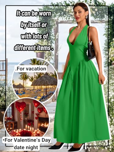 Image of ChiaoLezhee Deep V Neck Dress, Halter Maxi Dresses, Vacation Date Night, Sexy for Women Corset Flowy Wedding Guest Drop Waist