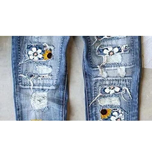 Women's Patchwork Straight Leg Jeans Plaid Patch Boyfriend Skinny Distressed Denim Ripped Slim Fit Raw Hem Jeans4