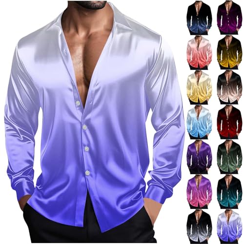 Cambkatl Men's Stylish Gradient Silk Satin Dress Shirts Loose Long Sleeve Button Down Business Casual Party Prom Shirts2