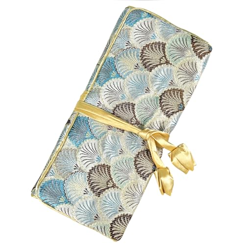 Silk Travel Jewelry Roll Bag, Blue Sea Shell Jewelry Organizer Roll Foldable Jewelry Pouch for Traveling Rings & Necklaces & Earrings, Luxury Gift, Zipper Pockets Inside (Shell, Light Blue&White)