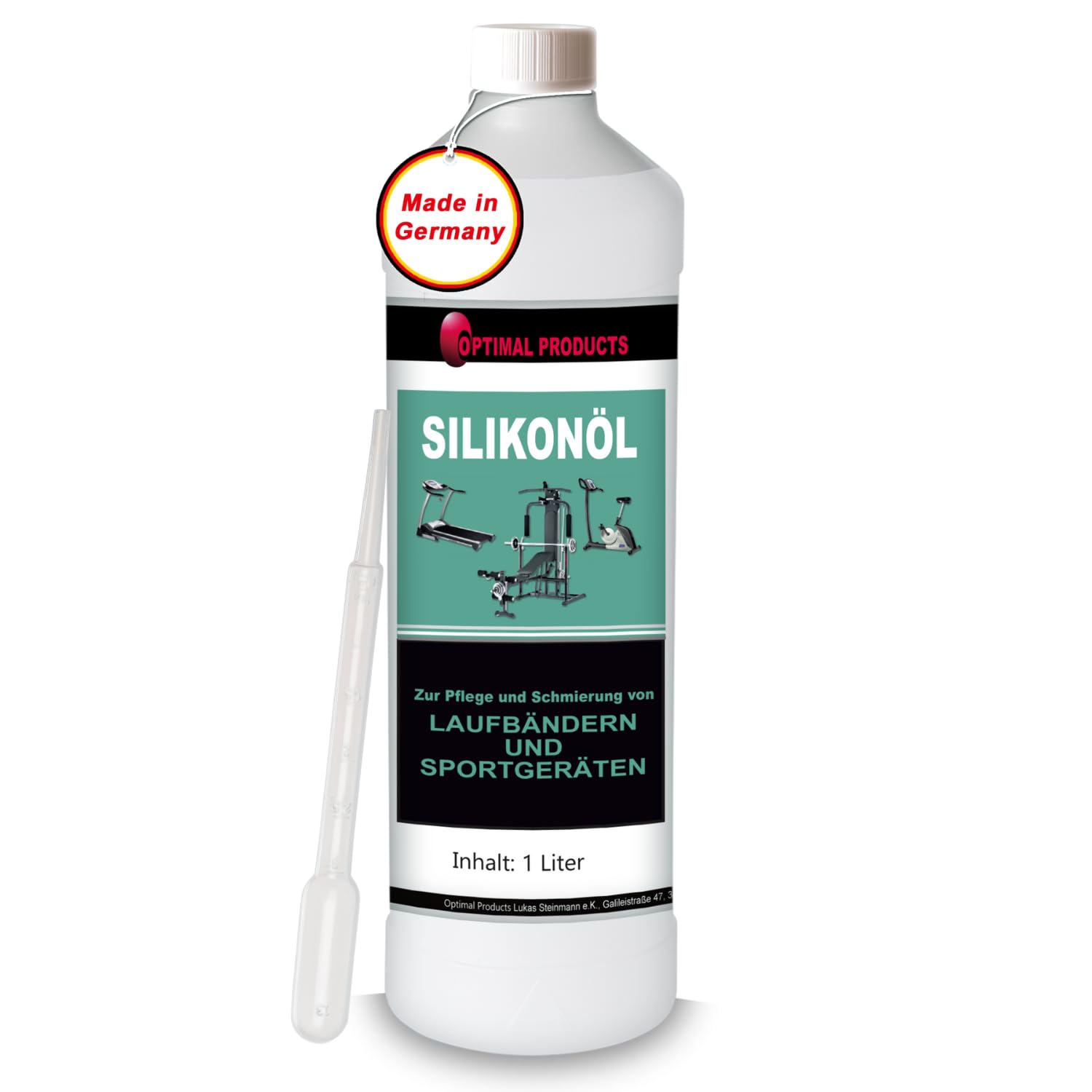 Optimal Products Huile de silicone pour tapis de course et équipements de sport 1 l I Silicone pur sans odeur I Huile lubrifiante élimine les bruits gênants I Pour entretien et entretien + pipette