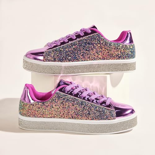 Image of UUBARIS Women's Glitter Tennis Sneakers Neon Dressy Sparkly Sneakers Rhinestone Bling Wedding Bridal Shoes Shiny Sequin Shoes