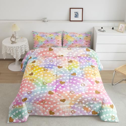 Image of Erosebridal Rainbow Hearts King Comforter Set Gold Heart Bedding Set for Kids Teens Valentine Love Geometric Quilt Love Heart Bedroom Decor 3 Pcs