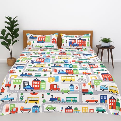 Image of Double Size Bedsheet - City Traffic Print - 90x100 Inches - Ultra Soft Brushed Microfiber Flat Sheet with Pillow Covers - Cooling, Lightweight, Wrinkle & Fade Resistant