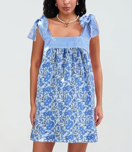 Juakoso Women Boho Floral Short Dress Tie Shoulder Sleeveless Dress Babydoll Mini Dresses Summer Holiday Sundress3