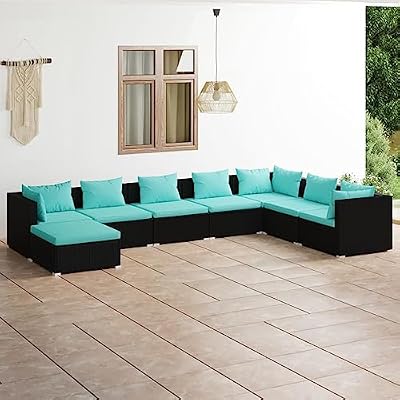 DYRJDJWIDHW 8 Piece Outdoor Patio Lounge Set with Cushions Poly Rattan Black Modular Seating Corner Sofa Water Resistant PE Wicker for Backyard Poolside Garden Deck Furniture