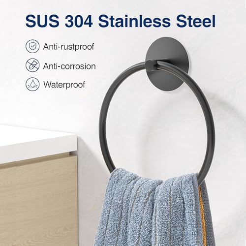 Image of Matte Black Bathroom Towel Ring - SUS304 Stainless Steel Bathroom Towel Rack, Susswiff Adhesive Wall Mounted Hand Towels Holder, Towel Hanger for Bathroom Organizer, Kitchen Storage