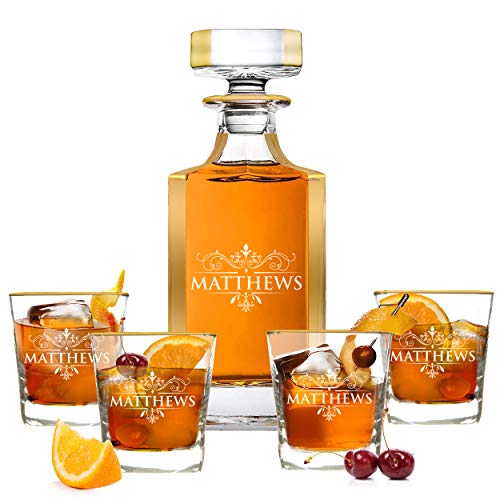 Custom Personalized Whiskey Decanter and Matching 4 Glasses Set - Bottle and Glasses with Gold Trim and Accents - Image 5