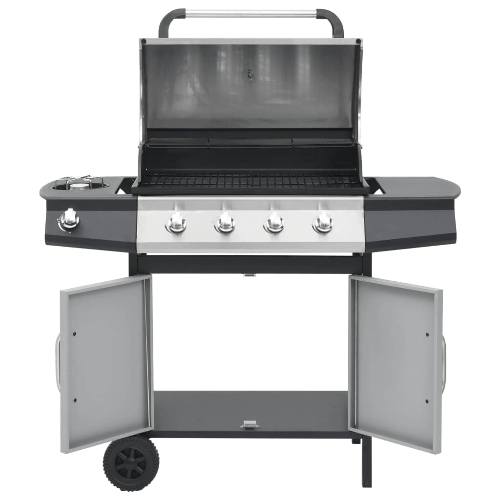 Barbecue a gas 4+1 con fornello laterale e cappa, in acciaio inox, per giardino e terrazza, 13,9 kW, con termometro, nero/argento