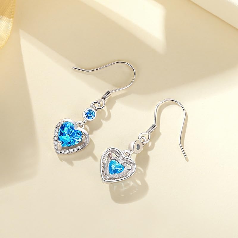 18K Gold Plated Blue Heart Dangle Earrings – Sparkling Crystal Drop Earrings with Hook Back, Elegant Romantic Statement Jewelry. - Image 3