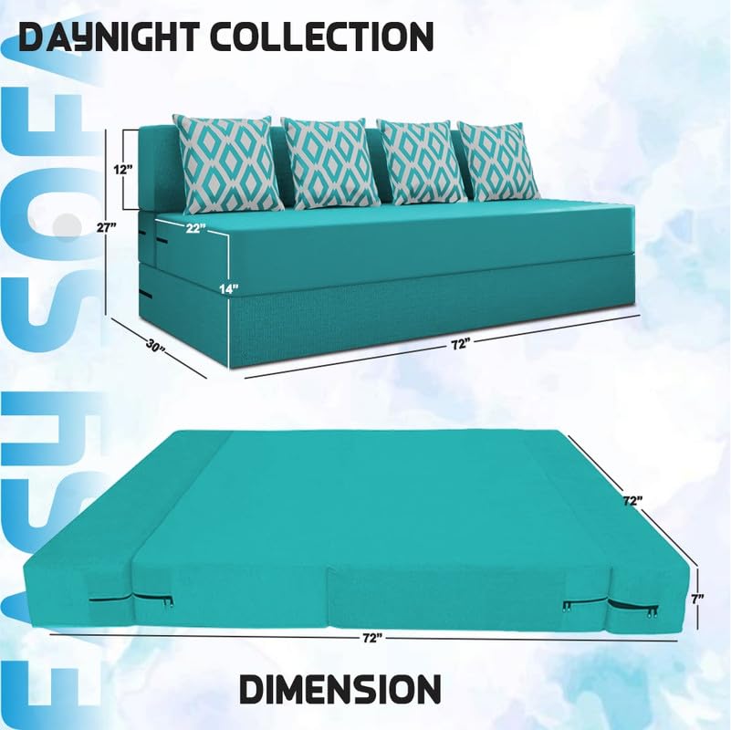Image of Adorn India Easy 4 Seater Sofa Cum Bed (Rhombus Pattern) Size 6' X 6' Ft (Aqua Blue Color) Perfect for Home & Office for Guests (1 Year Warranty)