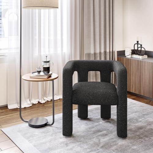 Image of BELLEZE Modern Boucle Barrel Dining Chair Set of 6, Upholstered Linen Kitchen Boucle Armchair with Sidearms and Back, for Dining Room Living Room- Black