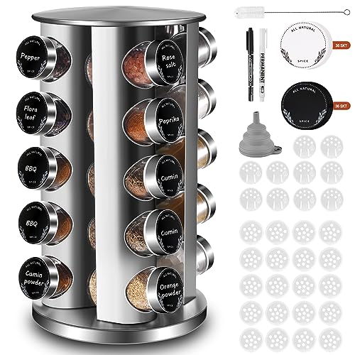 FNLLC Rundes Gewürzregal Mit 20 Gewürzgläser Rund 360 Drehbarer Edelstahl Gewürzkarussell Gewürz Organizer Gewürzständer Stehend Gewürzdosen Mit Streueinsatz Gewürzglas Spice Rack