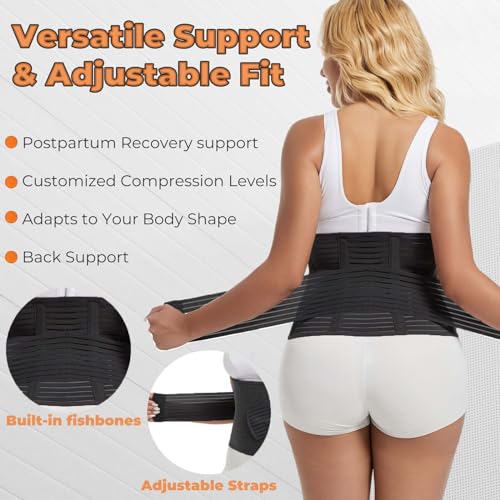 Reian Postpartum Belly Band Abdominal Binder for Post Surgery Recovery, Waist Compression Wrap for Tummy Tuck C-section Herina Support Belt for Women and Men (Black, One Size)