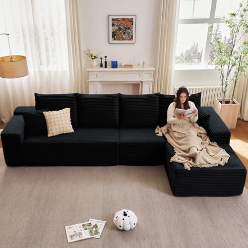 Image of 134.5 inch Modular Sectional Sofa, Modern Corduroy Cloud Couch with Deep Seat, Boneless Couch Upholstered 4-Seater L-Shaped Sofa for Living Room, No Assembly Required (Black, Right-Facing Chaise)