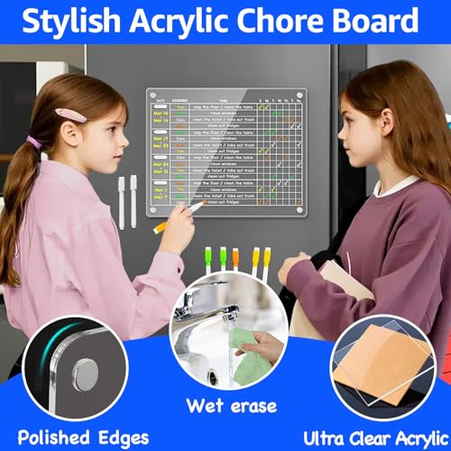 Image of PigPotParty Acrylic Magnetic Monthly Chore Chart for Multiple Kids Roommates - 12 inchx9.5 inch Rotating Weekly Task Board for Kids Students Families, Clear Dry Erase Fridge Chart, w / 8 Markers & 1 Towel