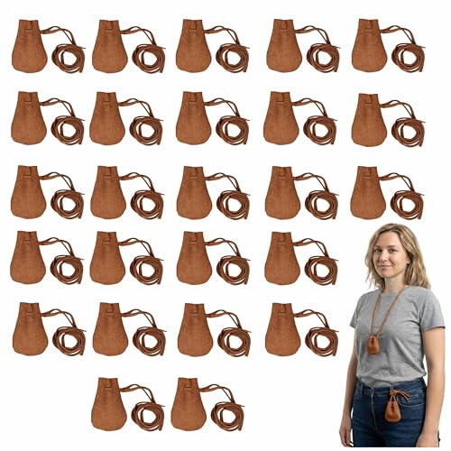 Image of Pack of 25 Mythrojan Small Trinket Pouches Suede Leather Drawstring Coin & Dice Bags for LARP, SCA, Viking & Medieval Events, Color : Brown