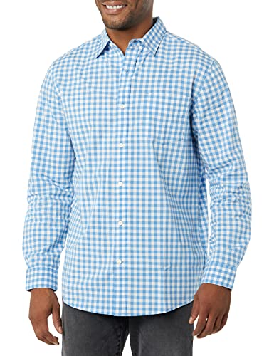 Amazon Essentials Men's Long-Sleeve Regular-Fit Stretch Poplin Shirt, Light Blue White Gingham, Large