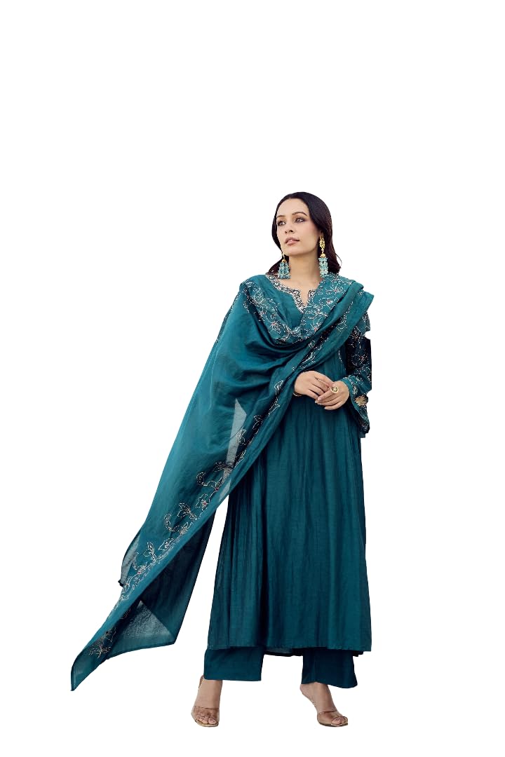 Teal Muslin Kurta Set with Dupatta, Floral Embroidery-picture-13