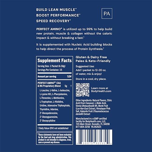 Image of BodyHealth PerfectAmino Powder - BCAA and EAA Powder for Pre and Post Workout - Amino Acid Energy Drink for Men and Women to Support Lean Muscle and Recovery - Mixed Berry - Stick Packs - 15 Servings