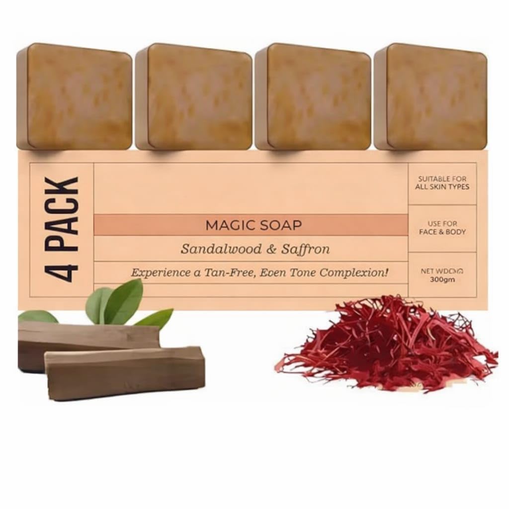 Magic Soap Tan Removal Sandalwood & Saffron Magic Soaps For Bath | Paraben Free | Chandan & Kesar Bath Soaps | Handmade Soap For Glowing | Skin Brightening For Men & Women (100 Gms Gms Pack Of 4)